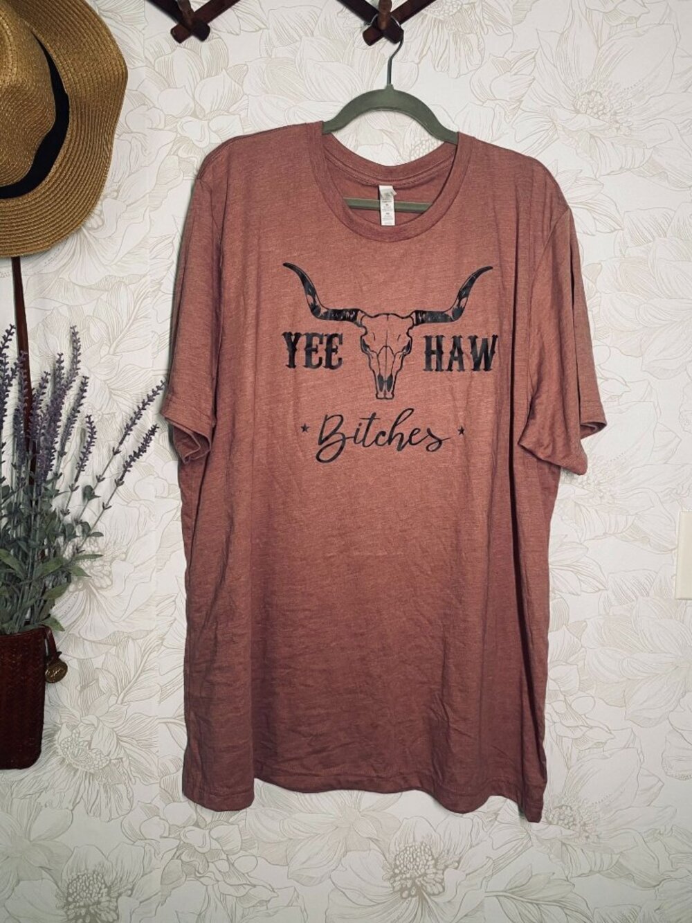 Yee Haw Graphic Tee With Bull Skull & Fun Script Rose Clay Color Bella + Canvas